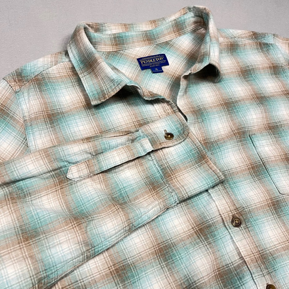 Pendleton Womens XL Plaid Cotton Flannel Shirt Teal Brown Gorpcore Cabincore